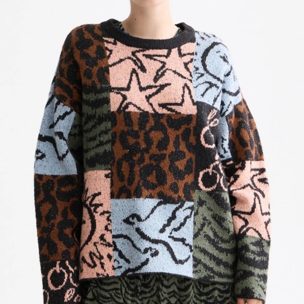 Scotch & Soda Jacquard Graphic Sweater New Medium Leopard Sun Star Anthropologie - Picture 3 of 16